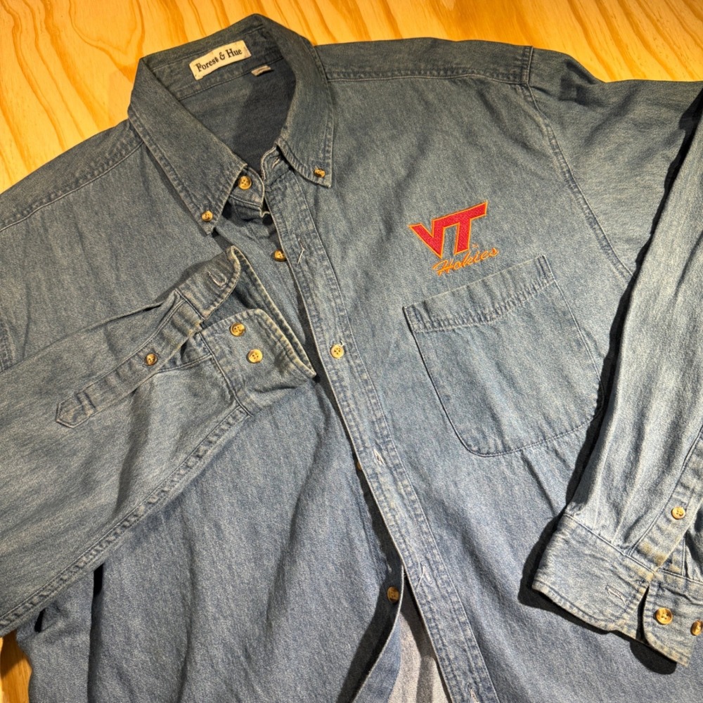 90s Virginia Tech Hokies Denim Shirt Mens XL Blue Long Sleeve Button Up
